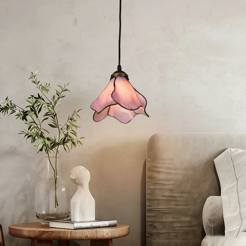 Vintage Flower-shaped Glass Pendant Light, E26 Bulb, Antique Bronze