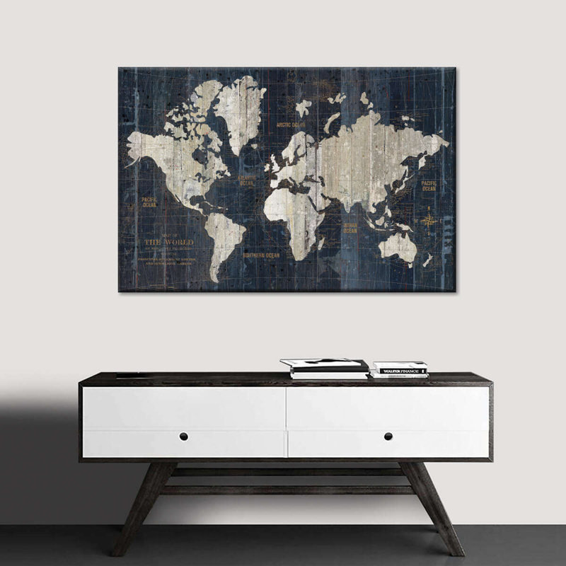 Carte du vieux monde avec reproduction sur toile bleue, H 32 po x l 48 po x P 1,25 po