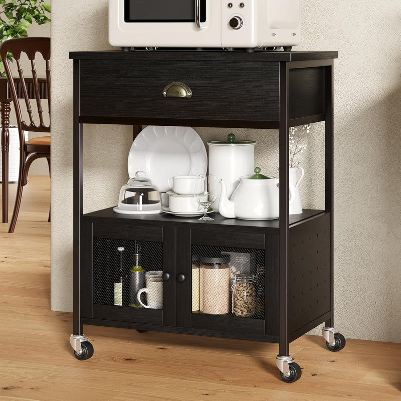 Coffee station, small microwave stand with drawer, movable farmhouse coffee station with table on wheels, Black
