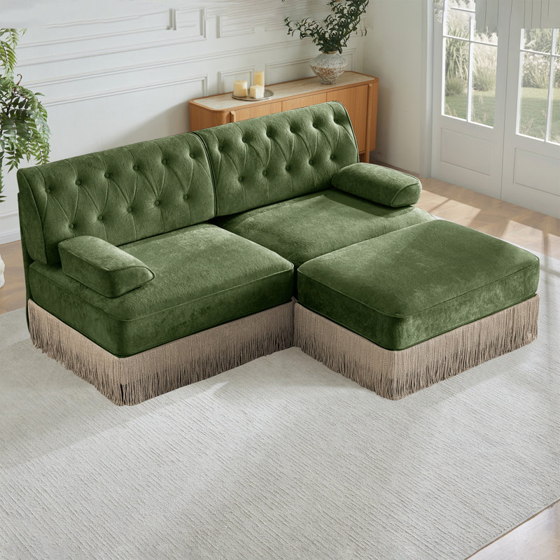 76.6" Velvet Upholstered Chesterfield Sectional Sofa with Tassel Fringe Skirt and a Movable Ottoman, Green Velvet