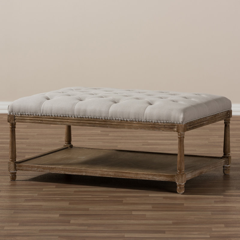 Frias Coffee Table in Weathered Oak & Beige Linen upholstery, 18.42'' H X 42.09'' W X 30.64'' D
