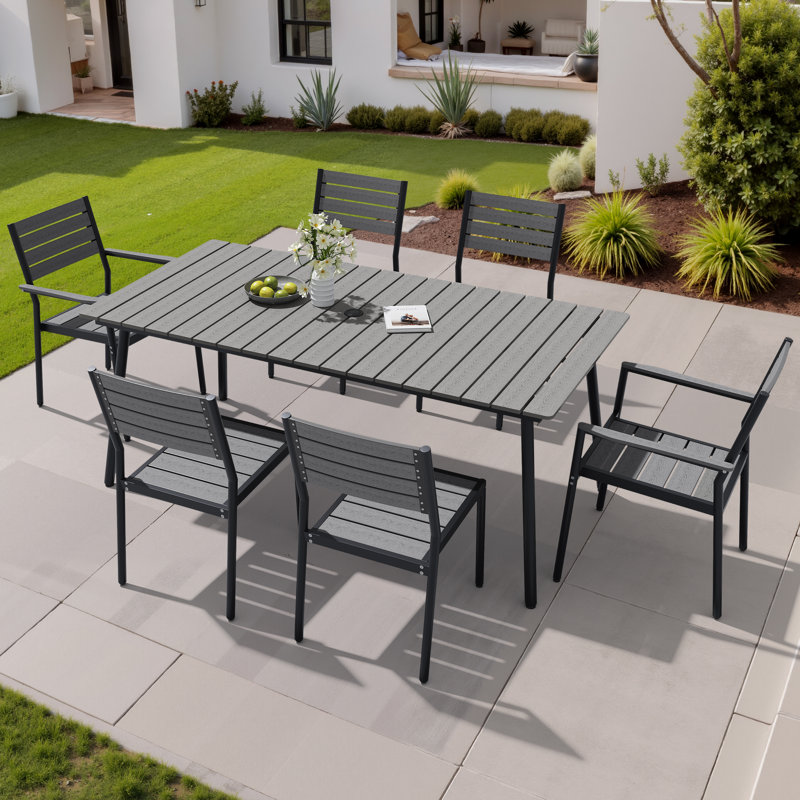 Ensemble de salle à manger de patio en aluminium pour 6 personnes avec chaises empilables et trou pour parasol, Gris foncé