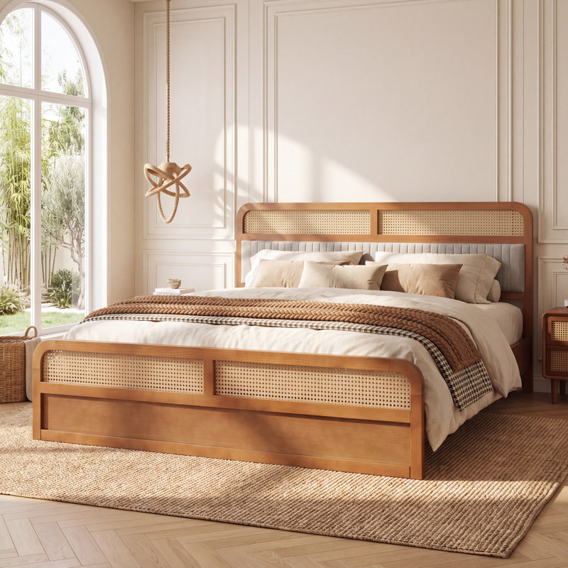 Tavin Mid-Century Modern Wood Platform Bed with Rattan & Upholstered Headboard, Rounded Frame for Moody Bedrooms, Queen