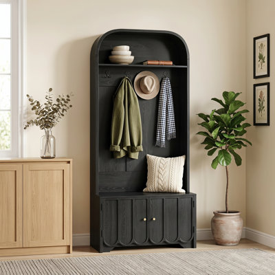70.86" Hall Tree, Farmhouse Freestanding Wooden Entryway Coat Rack with 4 Hooks, Shoe Storage Bench for Hallway, Foyer & Living Room, Black
