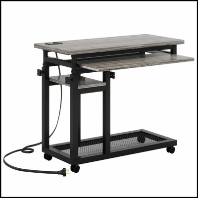 Bureau portatif réglable de 28 à 39,3 po de hauteur avec prise de courant et ports USB, table d'appoint roulante en forme de C avec plateau à clavier, petit bureau debout avec roulettes pour canapé, chevet ou bureau personnel