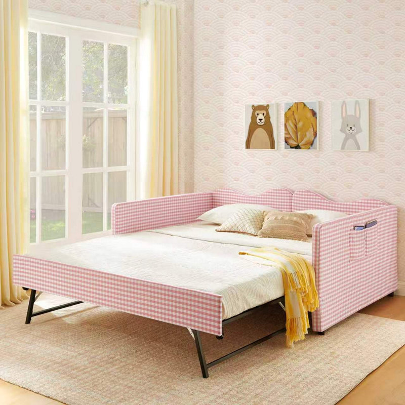 Lit de jour double, lit de jour rembourré en vichy équipé d'un cadre de lit gigogne escamotable et d'une poche de rangement latérale, canapé-lit multifonctionnel en bois massif pour chambre d'enfant et chambre d'amis - Rose