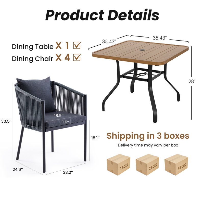 Ensemble repas pour 4 personnes en osier avec table carrée, Beige/gris