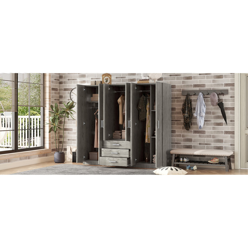 Armoire-penderie 6 portes en bois pour chambre à coucher, avec grands tiroirs, gris, Gris