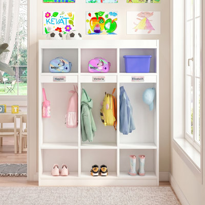 3-Section Classroom Coat Locker with 6 Cubbies and Acrylic Mirror, Daycare Cubbies with 6 Hooks, Kindergarten Lockers for Home, School, Nursery, White