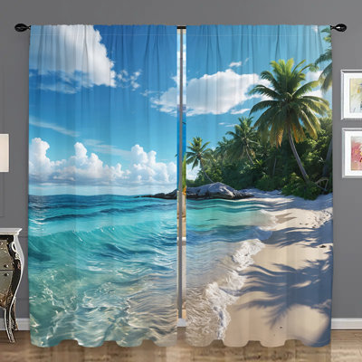 2Pcs Tropical Beach Paradise Curtains Ocean Wave Palm Tree Landscape Digital Print Window Drapes Coastal Themed Rod Pocket Curtain for Living Room Bedroom Dining Kitchen Home Decor