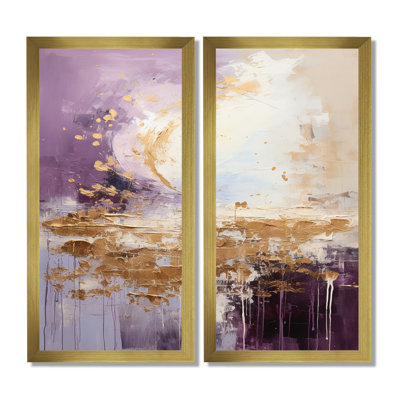 Purple And Gold Mountain Landscape - Abstract Landscapes Framed , Purple Landscapes Wall Art Set Of 2