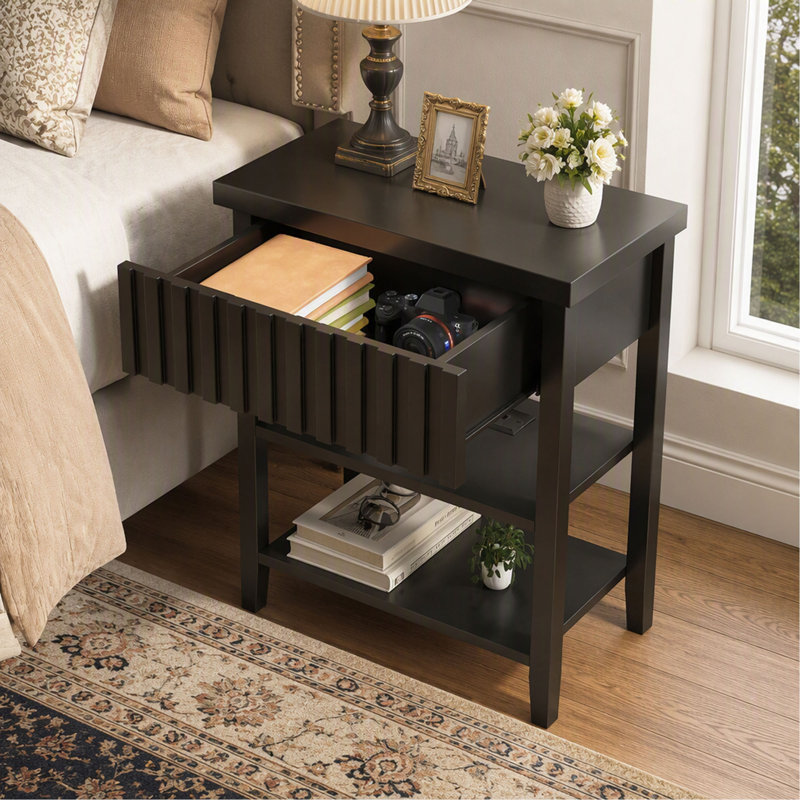 Table de chevet cannelée avec station de recharge, tiroir et 2 étagères ouvertes pour chambre et petits espaces, Black