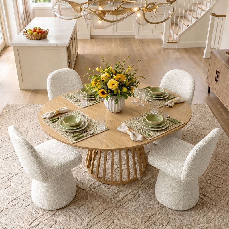 Ensemble de table de salle à manger pour 4 personnes avec table ovale extensible et 4 chaises pivotantes rembourrées en tweed