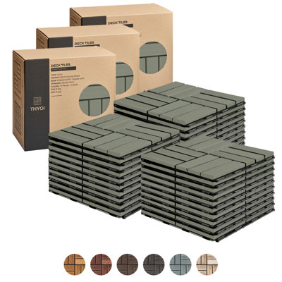Carreaux de terrasse THYOI de qualité supérieure, ensemble de plancher de patio - ensemble de 30 tuiles de terrasse emboîtables 12 po x 12 po x 0,9 po, bois d'acacia imperméable pour balcon, cour, intérieur et extérieur (vert, motif croisé, joints carrés)