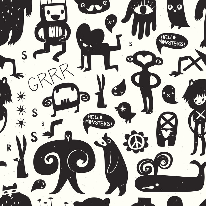 Vintage Ink Monsters And Freaks. Seamless Pattern by Kite-kit - Wrapped Canvas Print, 30cm H x 30cm W x 3.8cm D