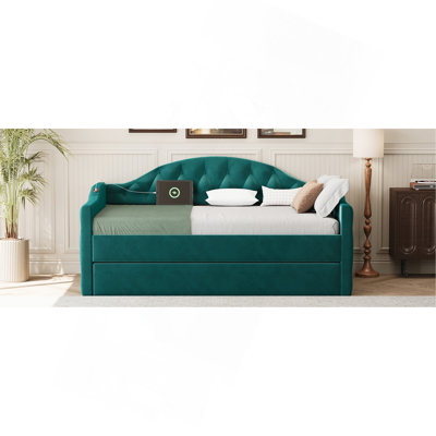 Lit de jour simple rembourré capitonné avec couchette, canapé-lit en velours avec ports USB et ports de charge de type C, aucun sommier nécessaire