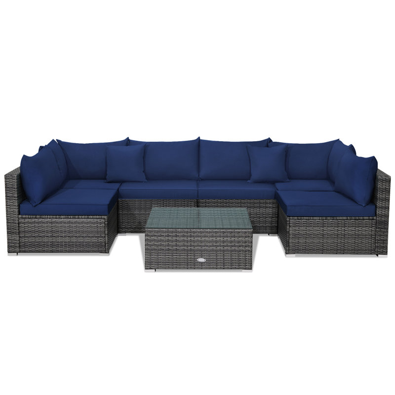 Minooka Wicker 6 - Person Patio Conversation Set with Cushions, Navy