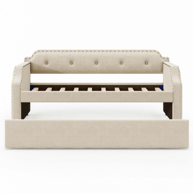 Upholstered Daybed with Trundle, Wood Slat Support,Upholstered Frame Sofa Bed, Beige
