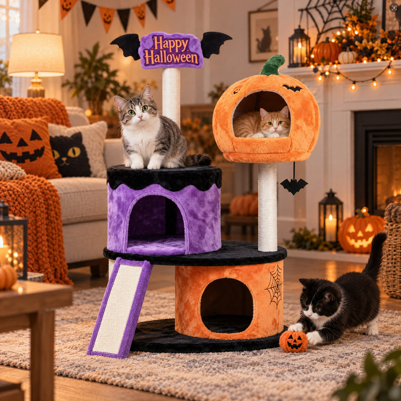 Arbre à chat citrouille d'Halloween de 43 pouces, tour en velours violet et orange avec niches