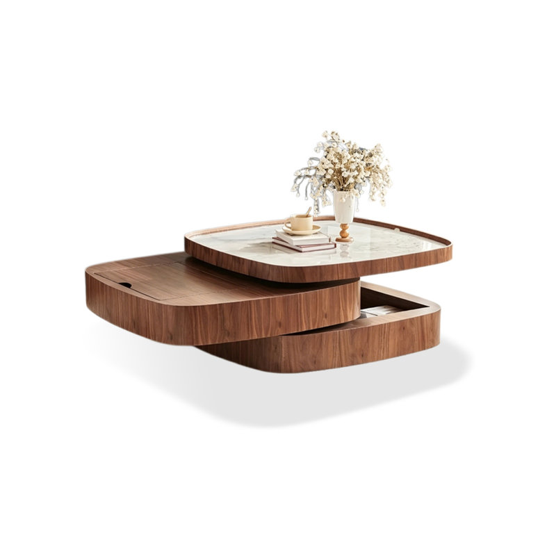Table basse carrée en noyer fritté + bois manufacturé