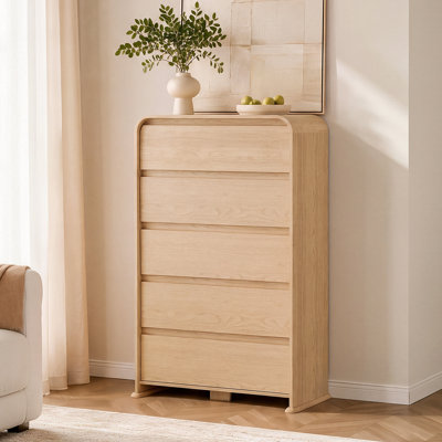 Commode 5 tiroirs de 40 cm de large pour chambre à coucher, commode haute et étroite en bois, meuble de rangement vertical avec tiroirs profonds, commode moderne avec système antibasculement et glissières métalliques, idéale pour les petits espaces — Naturel