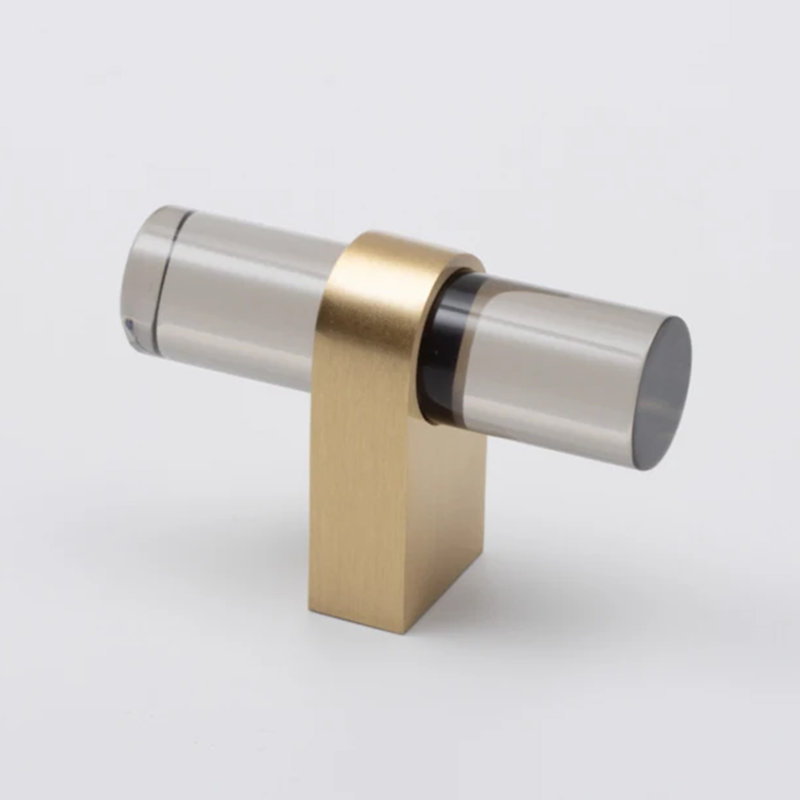 Modern Acrylic and Brass Cabinet T-Bar Knob, 2", Gray