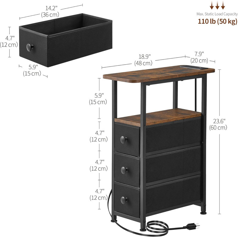 Table d'appoint étroite avec tiroir, petite table de chevet avec lumière DEL, table de chevet Skinny