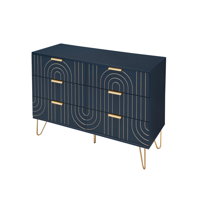Commode de rangement en bois avec 6 tiroirs et poignées en métal Philisma, Bleu foncé