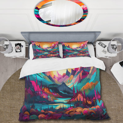 Ensemble de housse de couette en microfibre / polyester Vibrant Sunset Shining Over Mountains III Bedding