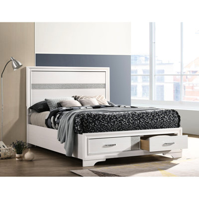 Queen White Storage Panel Bed, Solid Wood And , Structured Headboard For Bedroom Bed Of Queen, Featuring Drawers Classic , Asian Hardwood Organization