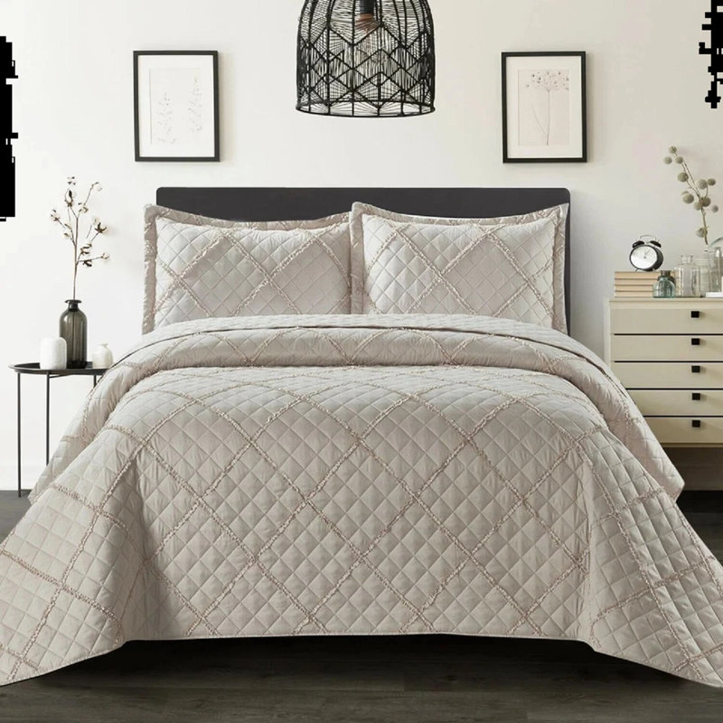 Luxury Quilted Modern Ruffle Bedspread Box Pattern Soft Comforter  Bedding Set With Pillow Shams, Double, Mink
