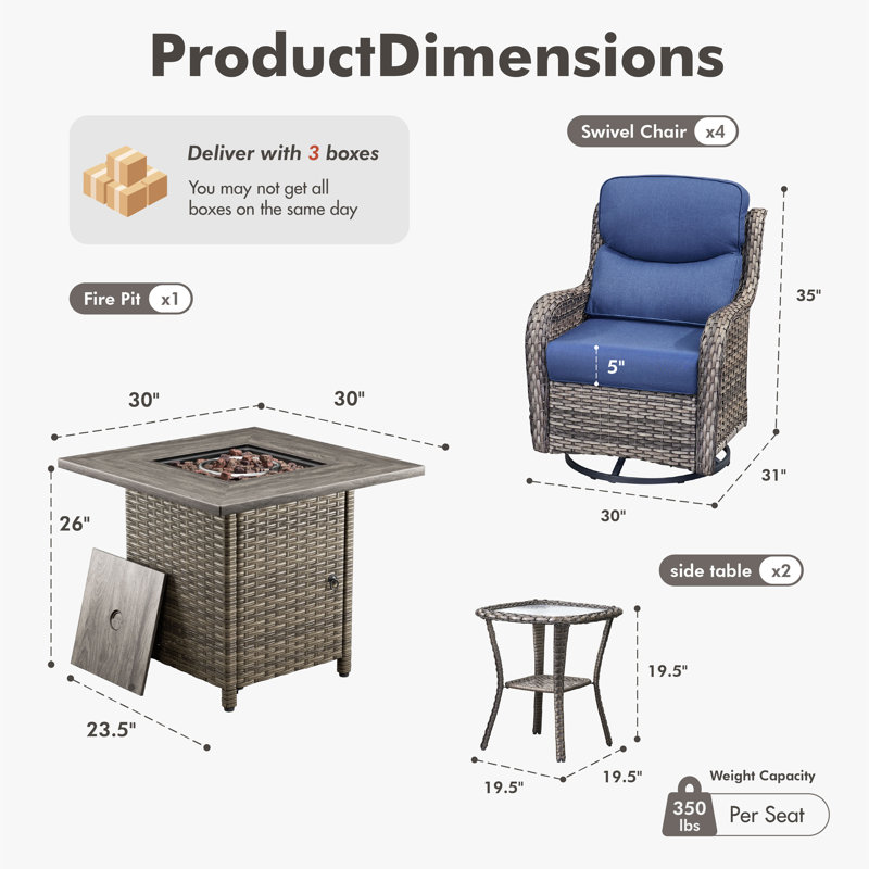 Ensemble de sièges d'extérieur en osier pour 4 personnes avec chaises pivotantes et table d'appoint, Gris, Bleu