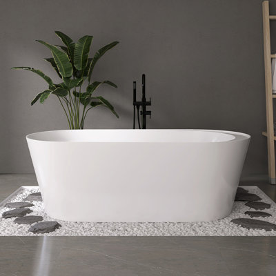 Fslefay 67'' Acrylic Freestanding Bathtub, Deep Soaking Bathtub with Chrome Pop-up Drain & Integrated Overflow for Bathroom Spa, Glossy White