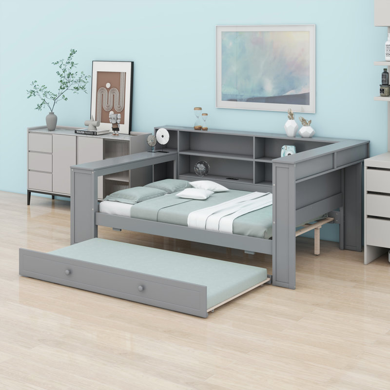 Lit plateforme avec tablettes de rangement, lit gigogne, Gris