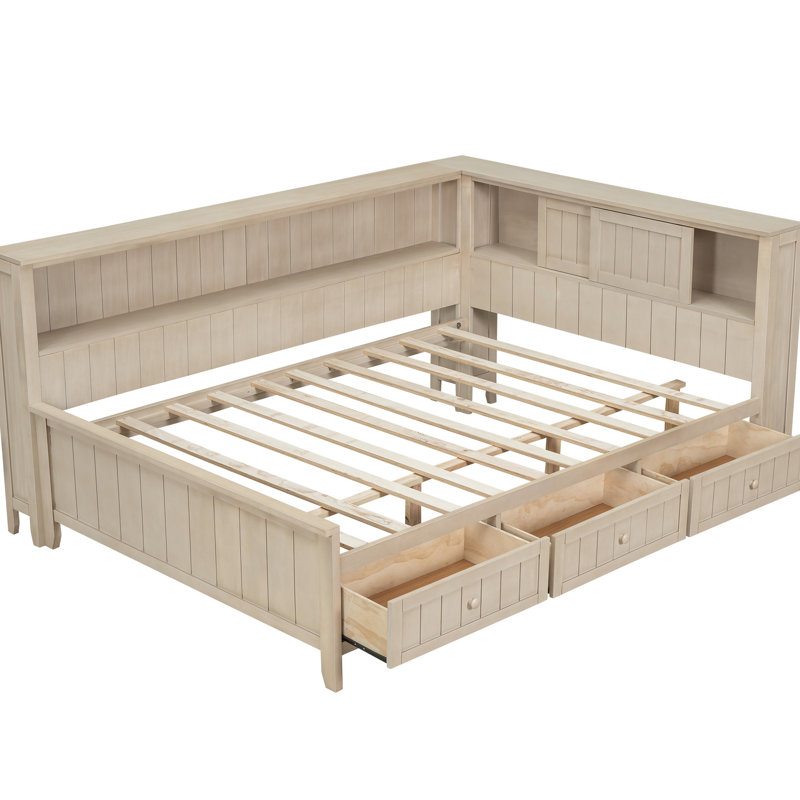Lit de jour pleine grandeur avec rangement et 3 designs, couleur de lait blanc antique, tablette à 3 tiroirs conçue pour une utilisation à long terme, fabrication en bois robuste