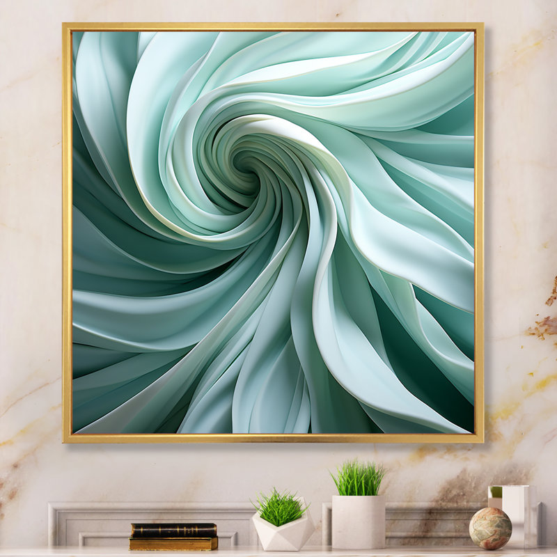 «Green Soft Fractal Spirals III - Abstract Spirals», art mural, H 30 po x l 30 po x P 1,5 po, Cadre flottant doré