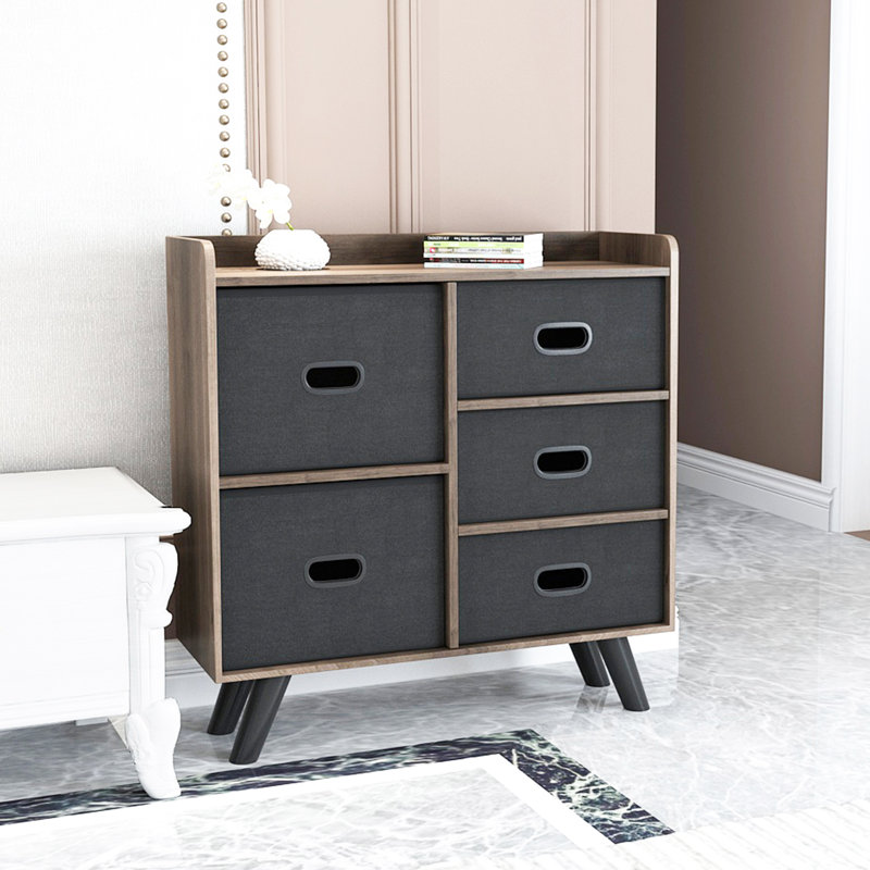 Armoire de rangement pour commode avec 5 tiroirs en tissu à tirage facile, cadre en panneau de fibres à densité moyenne robuste et rangement pour garde-robe en bois, unité d'organisation pour les maisons, les bureaux et les dortoirs