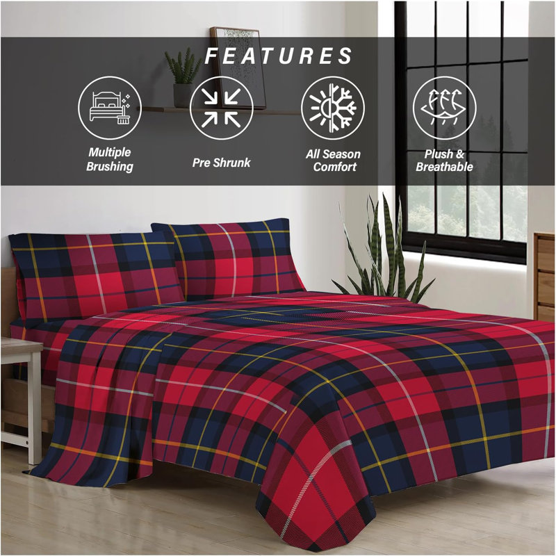 100% Cotton Standard Sheet Set, King (264 x 264cm), Red, Plaid
