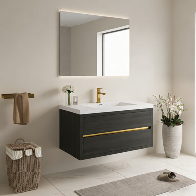 Meuble-lavabo mural de 42 po avec lavabo intégré en résine de pierre blanche, deux tiroirs à fermeture en douceur, armoire MFC imperméable en noir et blanc
