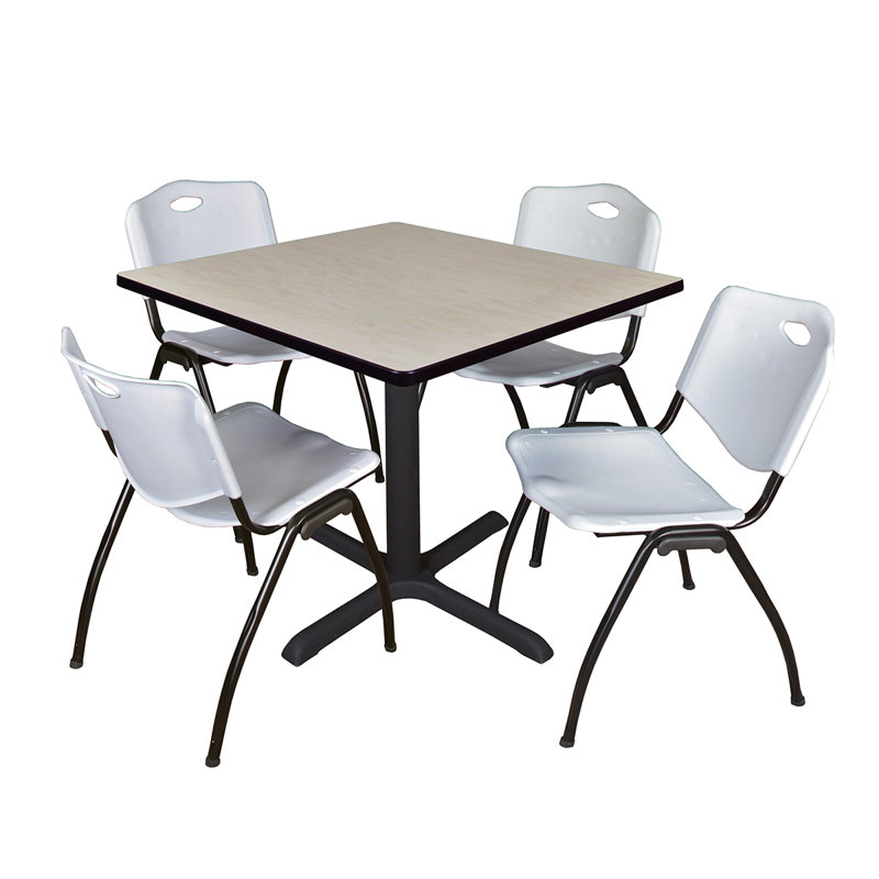 Cain Square X-Base Breakroom Table & 4 M Stack Chairs, Blue, 29" H x 42" W 42" D, Cherry
