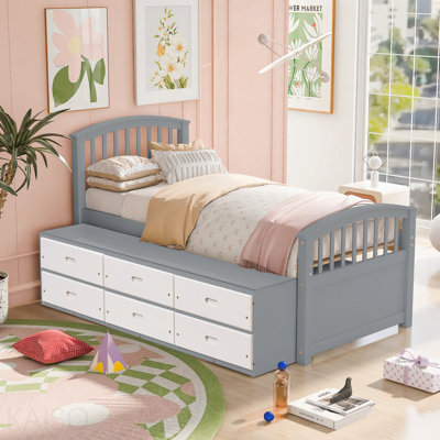 Lit plateforme simple en bois massif avec 6 tiroirs, gris et blanc