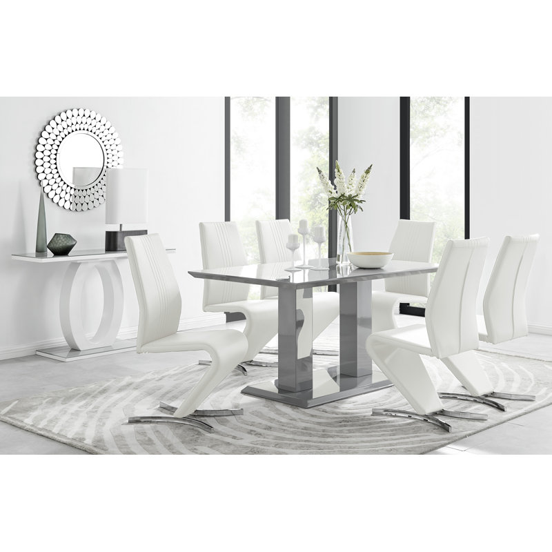 Edzard Double Pedestal High Gloss Dining Table Set with 6 Luxury Faux Leather Dining Chairs, White