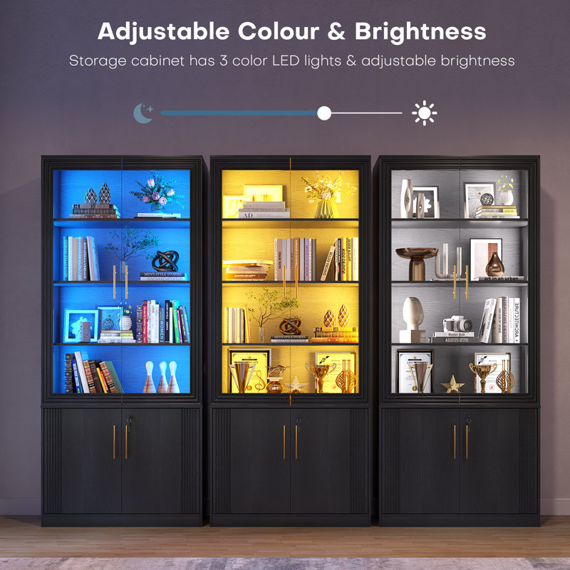Modern Tall Display Cabinet With Tempered Glass Doors, Three-color Led Lighting & Human Body Motion Sensor - Filing/office Storage Cabinet