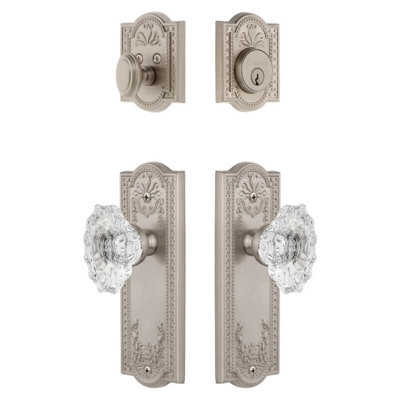 Grandeur Parthenon Long Plate Entry Set with Biarritz Crystal Knob in Satin Nickel