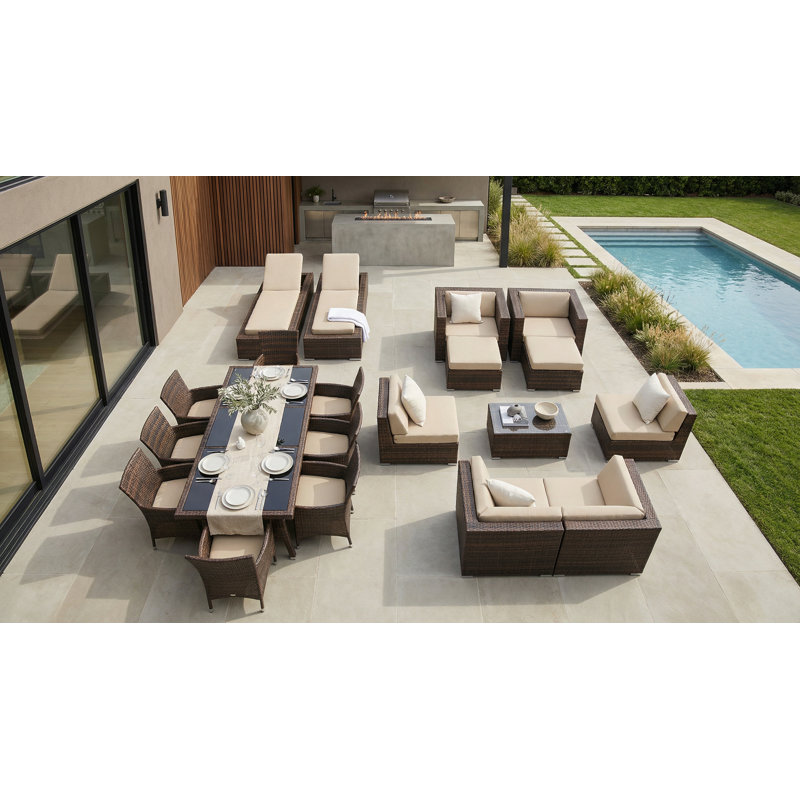 Pavior 8 - Person Patio Conversation Set with Cushions, Mixed Brown, Antique Beige Sunbrella® Canvas