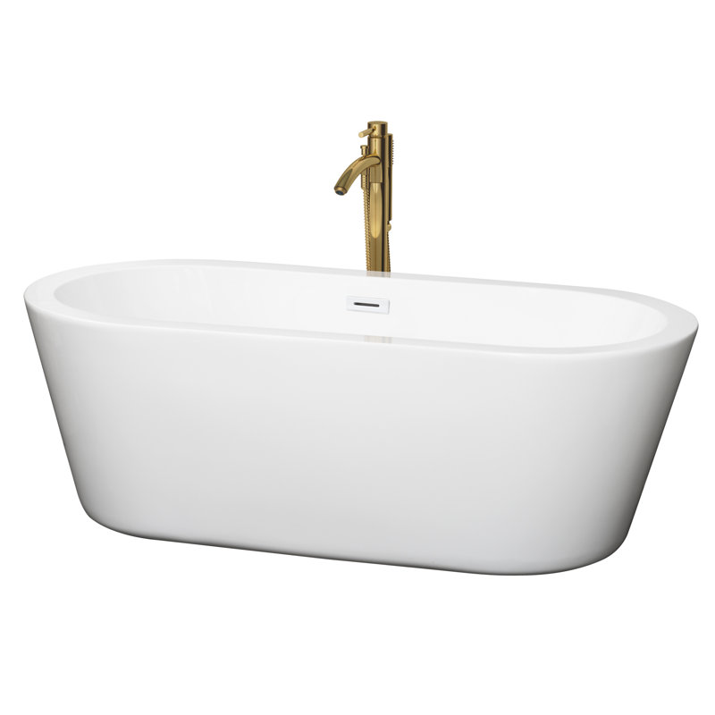 Mermaid 67'' x 31.25'' Soaking Acrylic Bathtub with Faucet, White/Shiny White/Brushed Gold