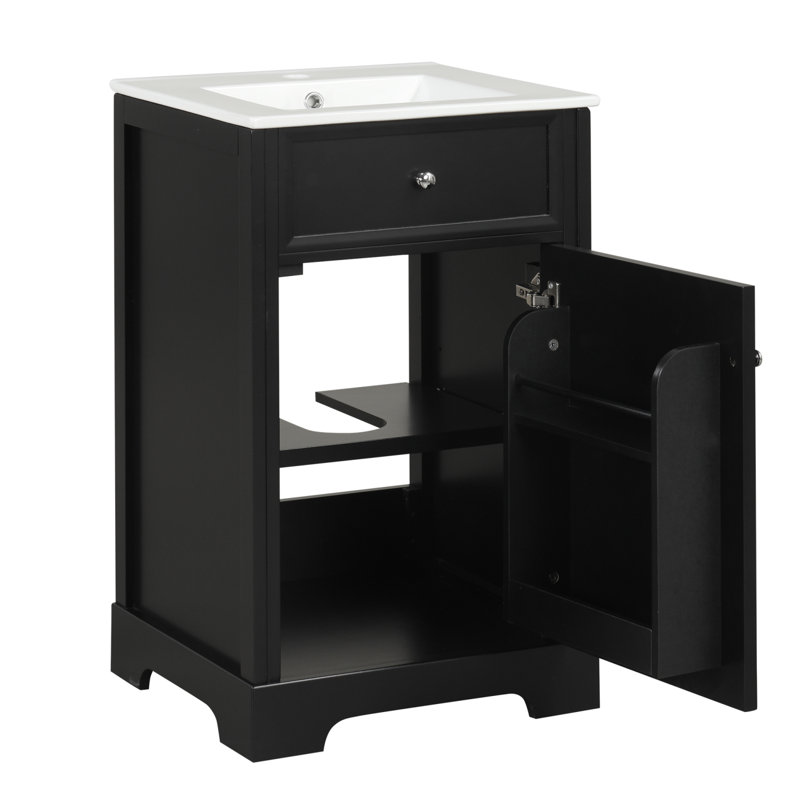 Meuble-lavabo autoportant avec lavabo en céramique, porte d'armoire à fermeture douce - rangement réglable