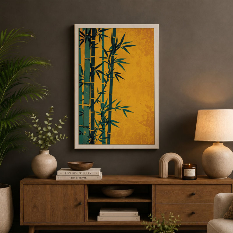 Bamboo Against Gold Japandi - Wrapped Canvas, 18x12 - 45.7 x 30.5 cm, Taupe Border