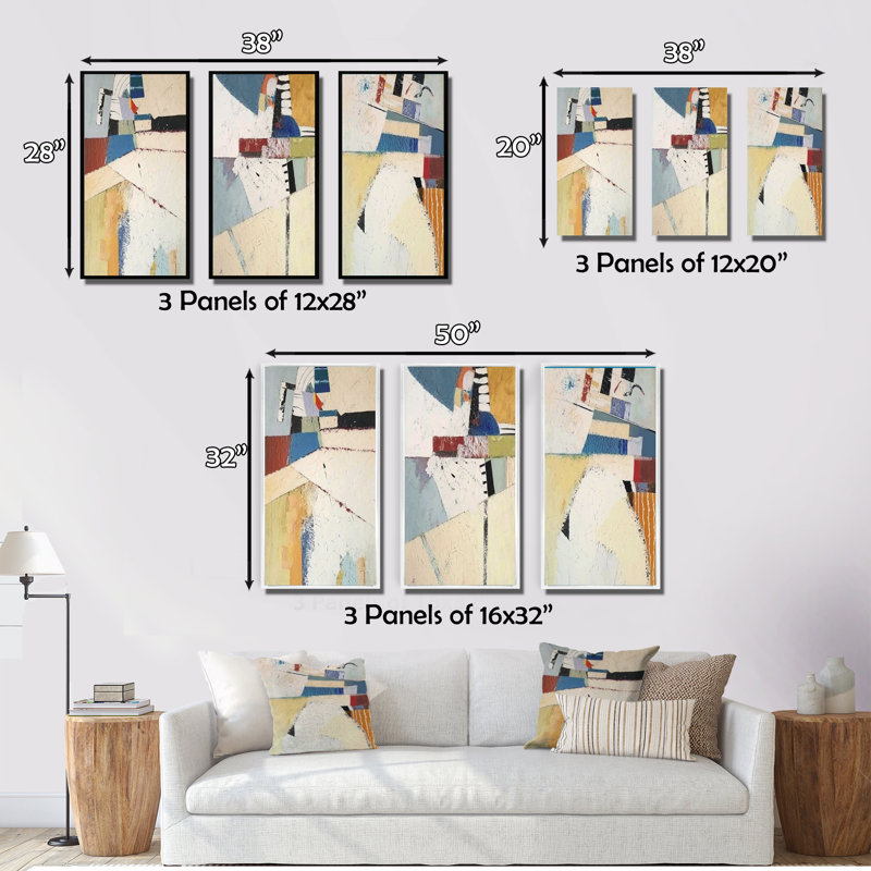 Reappearance Of Memories Retro Collage - Abstract Art Set Of 3 Pieces, H 20 po x l 36 po, Cadre blanc