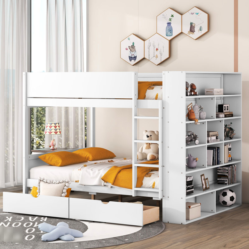 Lit superposé blanc avec tiroirs et armoire pour plus de rangement - confortable, sécuritaire, pleine sur plusieurs tiroirs, maximise l'espace de vie